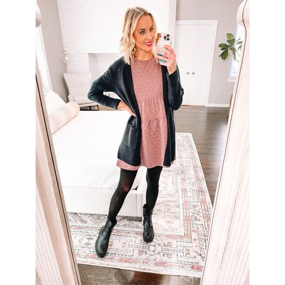 A New Day Women Knit Dress Large Quilted Purple Half Sleeve Mini Soft Tiered New - Picture 11 of 12